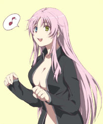 Rule 34 | 1girl, blue eyes, breasts, cleavage, green eyes, heterochromia, jacket, k-project, large breasts, long hair, musical note, naked jacket, neko (k-project), no bra, open clothes, open jacket, pink hair, smile, solo, spoken musical note, very long hair