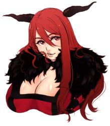 Rule 34 | 10s, 1girl, breasts, choker, cleavage, demon girl, fur trim, horns, huge breasts, lips, long hair, lowres, maou (maoyuu), maoyuu maou yuusha, md5 mismatch, nose, red eyes, red hair, resized, solo, steffydoodles