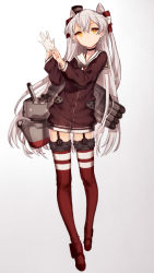 Rule 34 | 10s, 1girl, adjusting clothes, adjusting gloves, amatsukaze (kancolle), brown eyes, choker, dress, glove pull, gloves, hair tubes, headgear, highres, horikwawataru, kantai collection, long hair, long sleeves, looking at viewer, machinery, neckerchief, red thighhighs, rensouhou-kun, sailor collar, sailor dress, silver hair, single glove, solo, striped clothes, striped thighhighs, thighhighs, two side up, very long hair, white gloves, zettai ryouiki