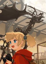 Rule 34 | 1girl, akai sashimi, antlers, blonde hair, blue eyes, brown bag, camera, fossil, holding, holding camera, hood, hood down, horns, indoors, jacket, mizunami fossil museum, mizunami mio, museum, open mouth, red jacket, smile, solo, twintails, upper body