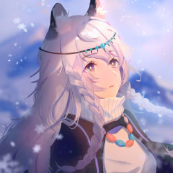 Rule 34 | 1girl, animal ear fluff, animal ears, arknights, bad id, bad pixiv id, blurry, blurry background, blush, braid, bright pupils, brown eyes, circlet, commentary request, depth of field, hua ye, jewelry, long hair, looking away, looking up, necklace, parted lips, pramanix (arknights), snowflakes, snowing, solo, turtleneck, twin braids, upper body, very long hair