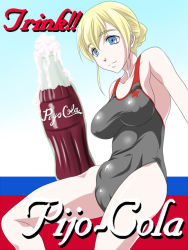 Rule 34 | 1girl, atagawa, bad id, bad pixiv id, blonde hair, blue eyes, bottle, coca-cola, competition swimsuit, english text, engrish text, hair bun, one-piece swimsuit, ranguage, rosalie de hemricourt de grunne, single hair bun, solo, strike witches, swimsuit, typo, world witches series