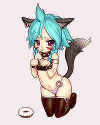 Rule 34 | 1girl, animal ears, bracelet, braid, collar, doughnut, ear piercing, elfe (lucent heart), envenomist (gengoroumaru), facial mark, food, green hair, highres, jewelry, looking at viewer, lucent heart, panties, piercing, red eyes, solo, spiked bracelet, spiked collar, spikes, tail, tongue, tongue out, underwear