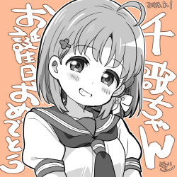 Rule 34 | 1girl, ahoge, birthday, blush, clover hair ornament, collarbone, commentary, dated, greyscale with colored background, grin, hair ornament, looking at viewer, love live!, love live! sunshine!!, lowres, mezashi (mezamashi set), orange background, school uniform, short hair, smile, solo, takami chika, translation request, upper body, uranohoshi school uniform