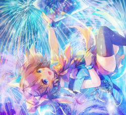 Rule 34 | 1girl, 888myrrh888, :d, aerial fireworks, animal ears, between legs, black thighhighs, blue eyes, blue shirt, blush, bow, brown bow, brown hair, brown shorts, cat ears, cat girl, cat tail, commentary request, feet out of frame, fireworks, hair between eyes, holding, holding paintbrush, knee up, looking away, notepad, open mouth, original, outstretched arm, paintbrush, shirt, short shorts, short sleeves, shorts, smile, solo, suspender shorts, suspenders, tail, tail between legs, thighhighs