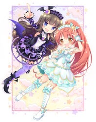 Rule 34 | 2girls, :d, ahoge, bat wings, black bow, black footwear, blue bow, blue dress, blue eyes, blue footwear, boots, bow, brown hair, detached sleeves, dress, fang, hairband, holding hands, kurosu aroma, light blue dress, long hair, long sleeves, looking at viewer, multiple girls, nanase miori, open mouth, orange eyes, pointing, pointing at viewer, ponytail, pretty series, pripara, purple dress, red hair, shiratama mikan, sleeveless, smile, star (symbol), starry background, v, wings, yellow background