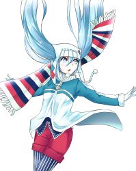Rule 34 | 1girl, blue eyes, buttons, hat, hatsune miku, highres, leggings, long hair, md5 mismatch, nissanote, open mouth, pants, pantyhose, resized, scarf, simple background, snow, solo, twintails, vocaloid, yuki miku