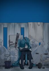 Rule 34 | 1girl, aqua hair, aqua nails, aqua necktie, arms on knees, black footwear, black skirt, black sleeves, blue sky, boots, cardboard, closed eyes, closed mouth, commentary request, crossed arms, detached sleeves, eiku, eyebrows hidden by hair, facing viewer, full body, hair ornament, hatsune miku, head rest, head tilt, highres, knees to chest, knees together feet apart, knees up, long hair, long sleeves, miniskirt, necktie, on ground, outdoors, pigeon-toed, planter, pleated skirt, runny makeup, signature, sitting, skirt, sky, sleeping, sleeping upright, solo, swept bangs, thigh boots, tie clip, trash, trash bag, tricycle, twintails, very long hair, vocaloid, wall, wet