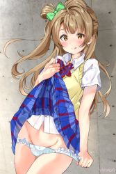 Rule 34 | 1girl, bow, brown hair, clothes lift, green bow, grey background, hair bow, lifted by self, long hair, love live!, love live! school idol project, minami kotori, panties, pleated skirt, school uniform, shirt, skirt, skirt lift, sweater vest, tagme, underwear, white shirt, yamada 328, yellow eyes