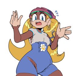 Rule 34 | 1girl, ape, beanie, blonde hair, blue eyes, breasts, curvy, davenextdoor (justdavefnd), donkey kong (series), donkey kong 64, earrings, hat, highres, hoop earrings, jewelry, long hair, medium breasts, monkey girl, nintendo, open mouth, overalls, pants, shirt, skindentation, thighs, tight clothes, tight pants, tight shirt, tiny kong, torn clothes, twintails, very long hair, wide hips