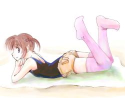 1girl brown_hair female_focus jason_(kaiten_kussaku_kikou) lying lyrical_nanoha on_stomach short_hair short_shorts shorts smile solo takamachi_nanoha thighhighs