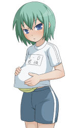 Rule 34 | 00s, artist request, bad id, ball, blue eyes, blue shorts, child, cowboy shot, dot nose, fake pregnancy, flat chest, green hair, gym shirt, gym shorts, gym uniform, holding, holding ball, iwasaki minami, looking at viewer, lowres, lucky star, name tag, shirt, short sleeves, shorts, simple background, single vertical stripe, standing, tsurime, uniform, volleyball (object), white background, white shirt