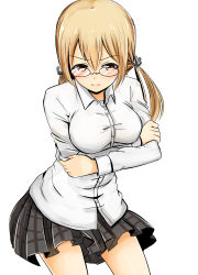 Rule 34 | 10s, 1girl, absurdres, alternate eye color, baretto (karasi07), bespectacled, blonde hair, blouse, breast hold, breasts, crossed arms, glasses, hair between eyes, highres, kantai collection, long hair, looking at viewer, medium breasts, miniskirt, plaid, plaid skirt, prinz eugen (kancolle), red eyes, serious, shirt, simple background, skirt, solo, twintails, white shirt