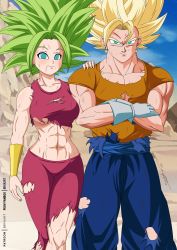 Rule 34 | 1boy, 1girl, abs, artist name, blonde hair, blue eyes, bracer, breasts, bryaxrt, crossed arms, dougi, dragon ball, dragon ball super, earrings, fusion, gloves, green hair, hand on another&#039;s shoulder, highres, injury, jewelry, kefla (dragon ball), looking at another, outdoors, potara earrings, spiked hair, torn clothes, underboob, vegetto