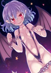Rule 34 | 1girl, arm garter, bat wings, black one-piece swimsuit, blue hair, blush, breasts, cowboy shot, heart, looking at viewer, navel, one-piece swimsuit, parted lips, pointy ears, red eyes, remilia scarlet, short hair, slingshot swimsuit, small breasts, smile, solo, star (symbol), swimsuit, thigh gap, thigh strap, touhou, tousen, wings, wrist cuffs