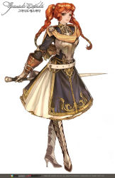 Rule 34 | 1girl, armor, belt, boots, braid, brown eyes, dress, female focus, full body, gauntlets, granado espada, greaves, high heels, korean text, lance, long hair, maggi, polearm, red hair, shoes, simple background, solo, spear, standing, sword, twintails, upright, weapon, white background