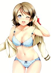 Rule 34 | 1girl, ;d, absurdres, bare shoulders, blue panties, bow, bow bra, bow panties, bra, breasts, cleavage, collarbone, gluteal fold, highres, light brown hair, looking at viewer, love live!, love live! sunshine!!, medium breasts, navel, one eye closed, open mouth, panties, plaid, plaid bra, plaid panties, sankuro (agoitei), scan, shiny skin, short hair, simple background, smile, solo, stomach, thighs, underwear, underwear only, watanabe you, white background