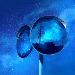 Rule 34 | blue theme, building, cloud, commentary request, highres, mirror, night, no humans, original, outdoors, power lines, scenery, sky, star (sky), starry sky, traffic mirror, yasuta kaii32i