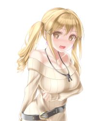 Rule 34 | 10s, 1girl, arm under breasts, bang dream!, bare shoulders, beige sweater, belt, black belt, blonde hair, blush, breasts, cleavage, collarbone, commentary request, cosplay, crossed bangs, earrings, hair between eyes, hair intakes, hair ornament, highres, ichigaya arisa, imai lisa, imai lisa (cosplay), jewelry, large breasts, long hair, long sleeves, looking at viewer, necklace, off-shoulder sweater, off shoulder, open mouth, rabbit earrings, ribbed sweater, sidelocks, simple background, sleeves past wrists, solo, sweater, totoshion, twintails, upper body, wavy mouth, white background, x hair ornament, yellow eyes