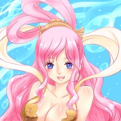 Rule 34 | 1girl, :d, blue eyes, blush, breasts, cleavage, female focus, fishman island, looking at viewer, lowres, one piece, open mouth, pink hair, princess, shirahoshi, smile, solo