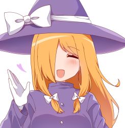 Rule 34 | 1girl, :d, ^ ^, blonde hair, blush, bow, breasts, closed eyes, commentary request, dress, face, gloves, hair bow, hair over one eye, happy, hat, hat bow, highres, kirisame marisa, kirisame marisa (pc-98), long hair, long sleeves, medium breasts, milll 77, open mouth, purple dress, purple hat, sidelocks, simple background, smile, solo, touhou, touhou (pc-98), turtleneck, very long hair, white background, white bow, white gloves, wide sleeves, witch hat