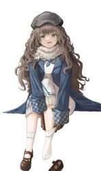 Rule 34 | 1girl, absurdres, adjusting sock, black footwear, blue coat, blue eyes, blue neckerchief, brown gloves, brown hair, cabbie hat, coat, curly hair, dress, dressing, full body, gloves, grey hat, hat, highres, knees up, lin mas, long hair, long sleeves, looking at viewer, marcus (reverse:1999), mary janes, neckerchief, on ground, open clothes, open coat, open mouth, pencil dress, reverse:1999, scarf, shoes, single shoe, sitting, socks, solo, straight-on, sweat, unworn shoes, very long hair, wavy mouth, white background, white dress, white scarf, white socks