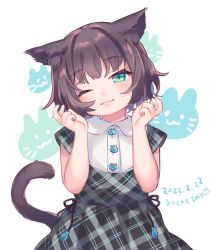 Rule 34 | 1girl, animal ears, arms up, blush, brown hair, buttons, closed mouth, commentary request, copyright request, cowboy shot, dated, dot nose, english text, green eyes, head tilt, highres, looking at viewer, maki (natoriumu), medium hair, one eye closed, short sleeves, solo, straight-on, tail, white background, wing collar