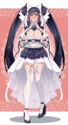 Rule 34 | 1girl, absurdres, apron, ascot, azur lane, bare shoulders, black hair, blush, breasts, cheshire (azur lane), cheshire (azur lane) (cosplay), cleavage, cosplay, detached sleeves, dress, embarrassed, frilled hairband, frilled ribbon, frills, full body, garter belt, garter straps, hairband, highres, kento (kentdrawing), large breasts, layered dress, long hair, long ribbon, looking at viewer, maid, maid headdress, open mouth, peter strasser (azur lane), pink background, puffy detached sleeves, puffy sleeves, purple apron, purple ascot, purple eyes, ribbon, solo, thighhighs, twintails, very long hair, white background, white garter belt, white garter straps, white thighhighs, wrist cuffs