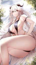Rule 34 | 1girl, absurdres, aegir (azur lane), armband, ass, azur lane, black one-piece swimsuit, black slingshot swimsuit, blurry, blurry background, breasts, brown eyes, cleavage, grin, hand on own hip, highres, horns, large breasts, long hair, looking at viewer, multicolored hair, one-piece swimsuit, red hair, samip, sideboob, slingshot swimsuit, smile, solo, streaked hair, swimsuit, thighs, tree, very long hair, white hair