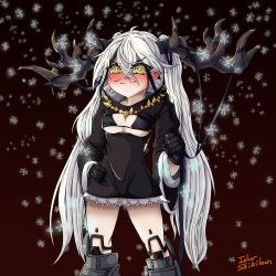 Rule 34 | 1girl, absurdres, ahoge, antlers, armored boots, artist name, bikini, bikini top only, black bikini, black cloak, black gloves, black hair, black ribbon, blush, boots, breasts, brown background, cleavage cutout, cloak, clothing cutout, commentary, destroyer (dashing reindeer) (girls&#039; frontline), destroyer (girls&#039; frontline), english commentary, girls&#039; frontline, gloves, hair between eyes, hand on own hip, highres, hip vent, horns, idw shikikan, impossible clothes, large breasts, long hair, multicolored hair, reindeer antlers, ribbon, smile, snowflakes, solo, streaked hair, swimsuit, twintails, very long hair, white hair, wide sleeves, yellow eyes