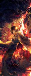 Rule 34 | 1girl, absurdres, arm up, black hair, burning, burning clothes, fire, flaming hand, flaming sword, flaming weapon, highres, japanese clothes, limbus company, long skirt, nagashimanever, project moon, red eyes, robe, ryoshu (project moon), short hair, skirt, smoking, white robe