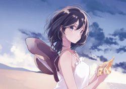 Rule 34 | 1girl, absurdres, bare arms, bare shoulders, beach, black hair, brown hat, closed mouth, cloud, dress, from side, hair between eyes, hat, hat on back, highres, holding, looking at viewer, looking to the side, night, night sky, original, outdoors, purple eyes, sand, shell, short hair, sky, smile, solo, star (sky), starry sky, sundress, u35, unworn hat, unworn headwear, upper body, white dress, wind turbine, windmill