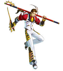 Rule 34 | 1boy, armor, bandai namco, bindi, brown hair, dual wielding, halberd, holding, japanese armor, kote, male focus, official art, polearm, ponytail, project x zone, reverse grip, simple background, solo, sword, tenzai kogoro, vest, weapon, white background
