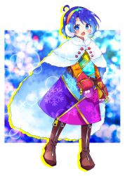 Rule 34 | 1girl, :o, adapted costume, ahoge, blue eyes, blue hair, blush, boots, breath, brown footwear, cape, commentary, earmuffs, full body, hairband, highres, long sleeves, looking at viewer, mittens, multicolored clothes, multicolored hairband, open mouth, patchwork clothes, pote (ptkan), short hair, sky print, snowflake print, solo, tenkyuu chimata, touhou, winter clothes, zipper, zipper pull tab