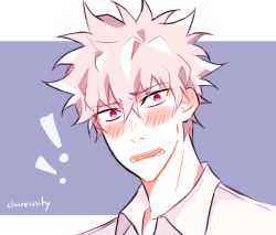 Rule 34 | 1boy, alternate hair color, artist name, bakugou katsuki, blonde hair, blue background, blush, boku no hero academia, claireiosity, collared shirt, embarrassed, eyebrows, hair between eyes, looking at viewer, male focus, open mouth, pale skin, red eyes, shirt, short hair, solo, solo focus, spiked hair, teeth, tongue, twitter username, two-tone background, watermark, white background, white shirt