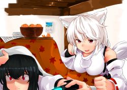 Rule 34 | 2girls, absurdres, animal ear fluff, animal ears, bad id, bad pixiv id, black hair, bowl, breasts, calendar (object), check commentary, clenched hand, commentary, commentary request, controller, detached sleeves, fang, food, fruit, game controller, highres, huge filesize, indoors, inubashiri momiji, kotatsu, leaf print, mandarin orange, maple leaf print, multiple girls, orange peel, red eyes, ribbon-trimmed sleeves, ribbon trim, shameimaru aya, shirokaba114, short sleeves, table, tail, touhou, under kotatsu, under table, white hair, wide-eyed, wolf ears, wolf tail