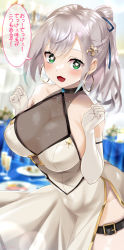 Rule 34 | 1girl, blush, braid, breasts, cleavage, dress, earrings, elbow gloves, gloves, green eyes, grey hair, heart, heart-shaped pupils, highres, hololive, jewelry, large breasts, long hair, looking at viewer, mizuno kurage, open mouth, ponytail, saliva, shirogane noel, shirogane noel (5th costume), side slit, smile, snowflakes, solo, speech bubble, symbol-shaped pupils, thigh strap, virtual youtuber, white dress