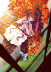 Rule 34 | 1girl, ainili, autumn leaves, bad id, bad pixiv id, book, brown hair, capelet, cookie, dress, closed eyes, food, grass, hairband, long hair, lying, on back, original, solo