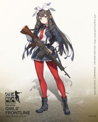 Rule 34 | 1girl, assault rifle, battle rifle, black gloves, black hair, blazer, blouse, blue eyes, blush, boots, breasts, character name, collared shirt, cropped jacket, cross-laced footwear, drill hair, fingerless gloves, full body, girls&#039; frontline, gloves, grey blazer, grey footwear, grey hair, grey skirt, gun, hair ribbon, highres, holding, holding weapon, howa type 64, howa type 64 (girls&#039; frontline), jacket, lace-up boots, logo, long hair, looking at viewer, necktie, official art, pantyhose, pleated skirt, pouch, red necktie, red pantyhose, ribbon, rifle, shirt, skirt, sleeves rolled up, solo, standing, strap, twin drills, untucked shirt, watermark, weapon, web address, white ribbon, white shirt