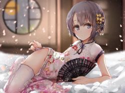 Rule 34 | 10s, 1girl, arm support, bed sheet, black hair, blurry, blush, china dress, chinese clothes, closed mouth, commentary request, depth of field, dress, eyelashes, flat chest, floral print, folding fan, full moon, glint, groin, hair ornament, hairpin, hand fan, heart, holding, idolmaster, idolmaster cinderella girls, indoors, looking at viewer, lying, moon, night, on bed, on side, otokura yuuki, purple eyes, redeye (artist), short hair, short sleeves, smile, solo, thighhighs, white thighhighs, window