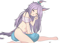 Rule 34 | 1girl, absurdres, animal ears, bandeau, bare legs, bare shoulders, barefoot, blush, bow, breasts, commentary request, ear ribbon, green ribbon, half-closed eye, hand up, highres, horse ears, horse girl, horse tail, long hair, medium breasts, mejiro mcqueen (umamusume), navel, one eye closed, open mouth, panties, purple eyes, purple hair, purple panties, ribbon, rubbing eyes, sato art, short sleeves, side-tie panties, simple background, sleepy, solo, tail, tears, umamusume, underboob, underwear, very long hair, white background