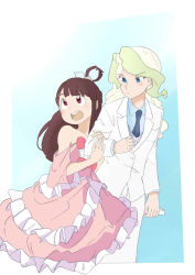 Rule 34 | 2girls, alternate hairstyle, blonde hair, blue background, blue eyes, blush, bow, brown hair, diana cavendish, dress, formal, hands on another&#039;s arm, highres, kagari atsuko, l-lauriet, little witch academia, multicolored hair, multiple girls, official alternate costume, pink dress, red eyes, sleeveless, suit, two-tone hair, white suit, yuri