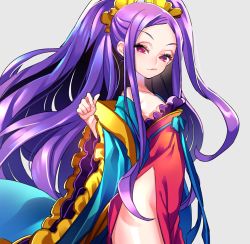 Rule 34 | 1girl, bare shoulders, blue pupils, bow, chinese clothes, cowboy shot, fate/grand order, fate (series), from side, grey background, hanfu, long hair, long sleeves, looking at viewer, looking to the side, no panties, off shoulder, pelvic curtain, pink eyes, sash, shawl, simple background, solo, standing, tenobe, very long hair, wide sleeves, wu zetian (fate), wu zetian (first ascension) (fate)