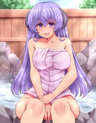 Rule 34 | 1girl, amane hasuhito, bad id, bad pixiv id, between legs, blush, breasts, collarbone, covering privates, covering crotch, female focus, fence, hand between legs, hanyuu, higurashi no naku koro ni, horns, large breasts, long hair, looking at viewer, naked towel, onsen, open mouth, purple eyes, purple hair, rock, sitting, smile, solo, towel, very long hair