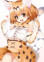 Rule 34 | 10s, 1girl, :d, animal ears, bare shoulders, blonde hair, blush, bow, bowtie, breasts, cat ears, cat tail, commentary request, elbow gloves, gloves, hidaka0503, highres, kemono friends, large breasts, looking at viewer, open mouth, serval (kemono friends), serval print, serval tail, shirt, short hair, skirt, sleeveless, sleeveless shirt, smile, solo, tail, white shirt, yellow eyes