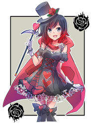 Rule 34 | 1girl, :d, bare shoulders, bat wings, black dress, black hair, black thighhighs, blush, cane, cape, cropped legs, detached sleeves, dress, floral print, flower, frilled sleeves, frills, gloves, gradient hair, hat, heart, heart print, highres, iesupa, lace, lace-trimmed dress, lace trim, looking at viewer, multicolored hair, open mouth, outside border, puffy detached sleeves, puffy short sleeves, puffy sleeves, red hair, rose, rose print, ruby rose, rwby, short sleeves, skirt hold, sleeveless, sleeveless dress, smile, solo, standing, tareme, thigh gap, thighhighs, top hat, white gloves, wings, zettai ryouiki