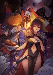 Rule 34 | 2girls, :3, absurdres, black hair, blue eyes, blue hair, breasts, cape, child, cleavage, clock, clock tower, clothing cutout, colored inner hair, dress, ghost, gloves, half gloves, halloween, hat, highres, jack-o&#039;-lantern, kimura gin, kson, lantern, large breasts, long hair, multicolored hair, multiple girls, navel, navel cutout, night, object through head, pointing, pumpkin, screw, screw in head, tower, two-tone hair, virtual youtuber, vshojo, wide hips, witch hat