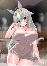 Rule 34 | 1girl, alternate costume, animal ears, armpit crease, bare shoulders, blue eyes, blush, breasts, commentary request, covered navel, cowboy shot, ear ornament, grey hair, hair between eyes, hair ornament, head tilt, highres, horse ears, horse girl, horse tail, large breasts, long hair, looking at viewer, multicolored hair, naked towel, oguri cap (umamusume), onsen, open mouth, outdoors, poyuyu wa, solo, steam, steaming body, streaked hair, tail, towel, umamusume, water, wet towel