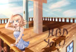 Rule 34 | 1girl, anchor necklace, anchor symbol, artist name, artist request, bare legs, bare shoulders, blue dress, blue eyes, blue pants, blue shorts, blue sky, blush, boat, bow, breasts, buttons, cloud, collarbone, dress, female focus, fluffy mouse, grey hair, hat ornament, highres, jewelry, lace, lace-trimmed dress, lace trim, light brown hair, looking at viewer, love live!, love live! school idol festival, love live! sunshine!!, medium breasts, necklace, outdoors, pants, ribbon, ribbon-trimmed legwear, ribbon trim, ship, short hair, short shorts, shorts, sky, solo, striped clothes, striped dress, vertical-striped clothes, vertical-striped dress, watanabe you, watercraft