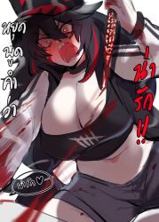 Rule 34 | 1girl, 1other, absurdres, black choker, black hair, blood, blush, breasts, choker, cleavage, commentary, crop top, english commentary, frown, hair between eyes, hat, highres, holding, holding knife, jacket, k (kuayrenaiz), knife, kurenaiz (kuayrenaiz), large breasts, midriff, multicolored clothes, multicolored jacket, navel, open mouth, orange eyes, original, red hair, reverse grip, sharp teeth, short shorts, shorts, solo focus, stab, teeth, thai text, translation request, tsundere, two-tone jacket, v-shaped eyebrows